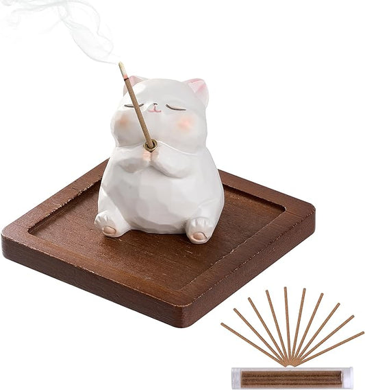 Lionpower Incense Holder for Sticks with Burner & Ash Catcher - Resin Cat, Wooden Tray, 10 Incense Sticks for Meditation Yoga Spa, Cute Home Decor Room Accessories (Cat)