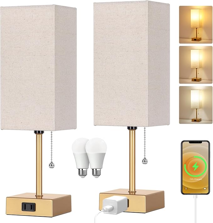 Table Lamp for Bedroom set of 2,3-Color Bedside Lamps with Pull Chain Table Lamps for Nightstand with AC Outlets,Small Night Light Lamps with 2 Bulbs Lamps for Living Room Kids Room Office Decor（Gold） - Bloomnest