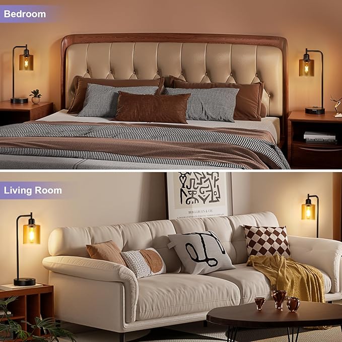 Industrial Touch Nightstand Lamps for Bedrooms Set of 2 - 3-Way Dimmable Table Lamps with USB C+A Ports and Outlet, Bedside Lamps with Amber Glass Shade for Living Room, Desk Lamps for Home Office - Bloomnest