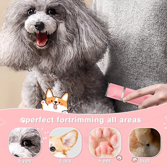 Dog Grooming Clippers Kit-Electric Rechargeable Cat Trimmer Tools-Cordless Quiet Pet Nail Paw Grinder-4 in 1 Multifunctional Low Noise Shaver-Razor for feet Face Ears Toenail Eye（Pink） - Bloomnest