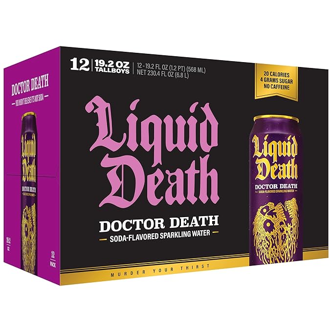 Liquid Death Soda-Flavored Sparkling Water - Doctor Death (Cherry, Cream, Spice), Less Sugar*, Huge Flavor, No Caffeine, No Artificial Sweeteners, King Size 19.2 Fl Oz (Pack of 12) - Bloomnest