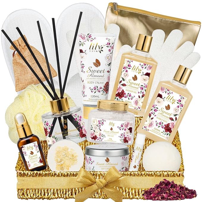 Valentines Day Gifts Spa Gift Basket Set for Women 17-Piece Almond Luxury Spa Gift Set Bath & Body Care Kit with Shower Gel | Christmas, Mothers Day Gift for Mom, Birthday Gifts for Her, Wife, Mom
