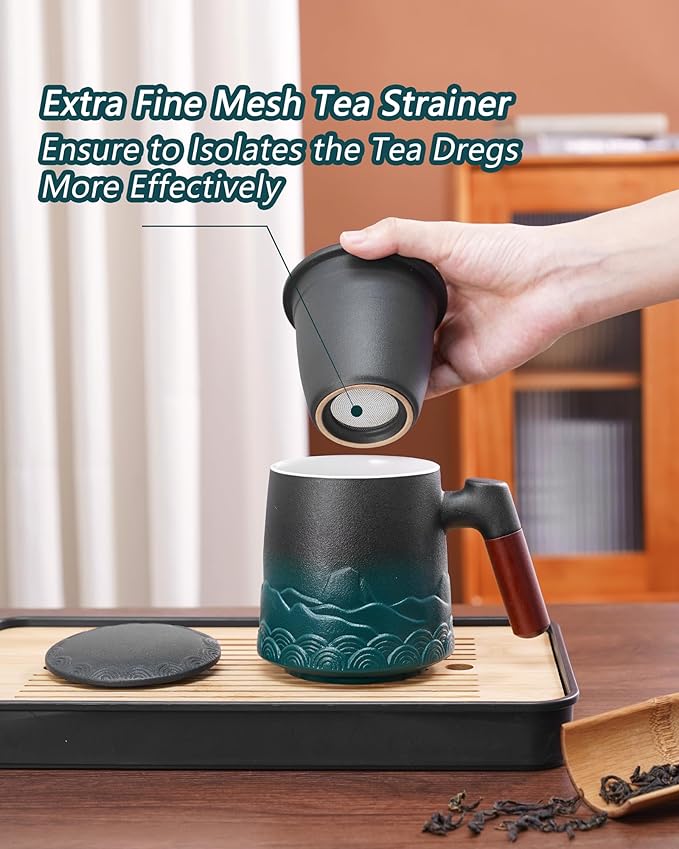 ZENS Tea Cup with Infuser and Lid for Loose Leaf Steeping, 16.9oz Embossed Ceramic Tea Infuser Mug, Wood Handle Tea Diffuser, Great Gift