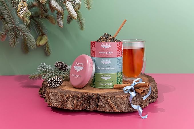 JusTea HOLIDAY TEA TRIO | Stacking Tins Variety Pack with Hand Carved Tea Spoon | Loose Leaf Tea | Variable Caffeine | Award-Winning | Fair Trade | Non-GMO - Bloomnest