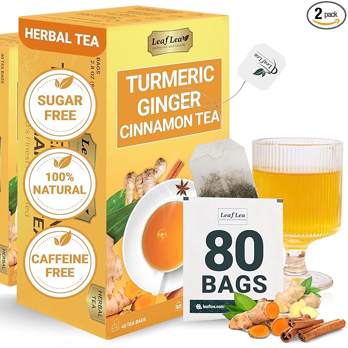 LeafLea Turmeric Tea with Ginger and Cinnamon, 80 Premium Turmeric Ginger Tea Bags, Supports Immune Health & Digestion, 100% Natural & Pure Blend Herbal Tea, Caffeine-Free, No Sugar, Vegan - Bloomnest