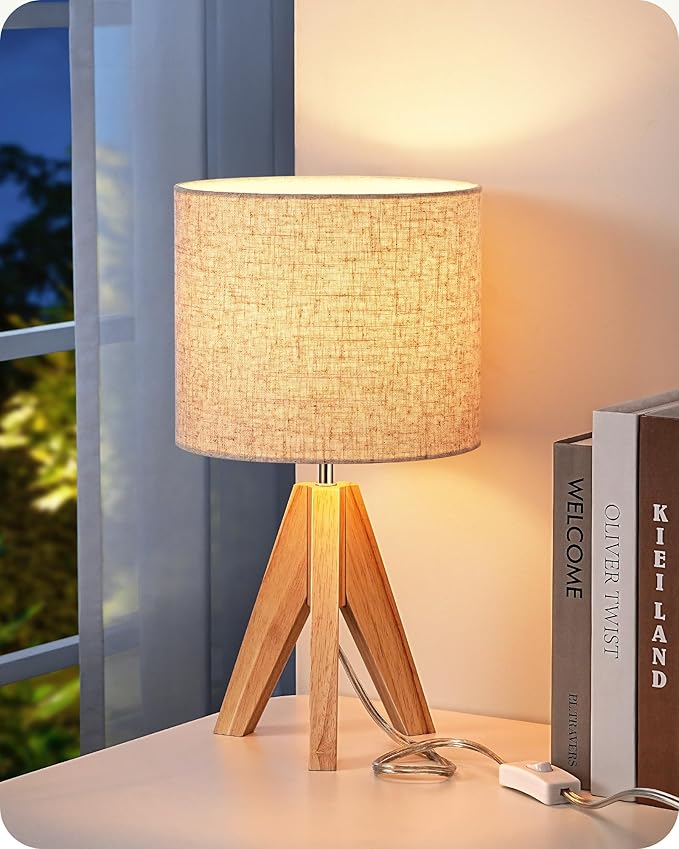 EDISHINE Small Table Lamp, Boho Bedside Lamp with Linen Fabric Shade, Wood Tripod Nightstand Lamp for Nursery, Living Room, Bedroom, Narrow End Table, UL Listed, 14.2 Inch, ON/Off Switch - Bloomnest