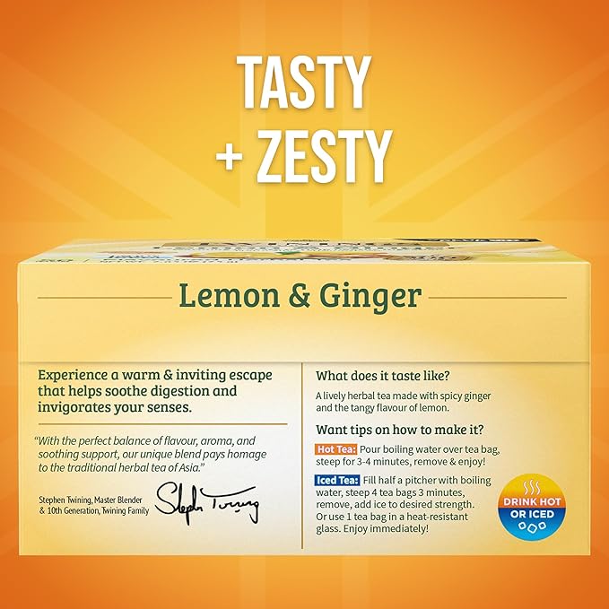 Twinings Lemon & Ginger Herbal Tea Individually Wrapped Bags, 50 Count (Pack of 6), Tangy Lemon & Spicy Ginger, Naturally Caffeine-Free, Enjoy Hot or Iced, 300 Teabags - Bloomnest