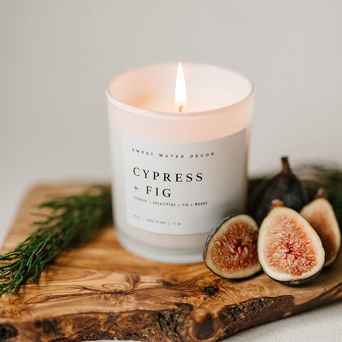 Sweet Water Decor Cypress and Fig Soy Candle | Tropical fruits, Wild Raspberry, Ripe Fig and Eucalyptus Holiday Scented Candles for Home | 11oz White Jar + Wood Lid, 50+ Hour Burn Time Made in the USA - Bloomnest
