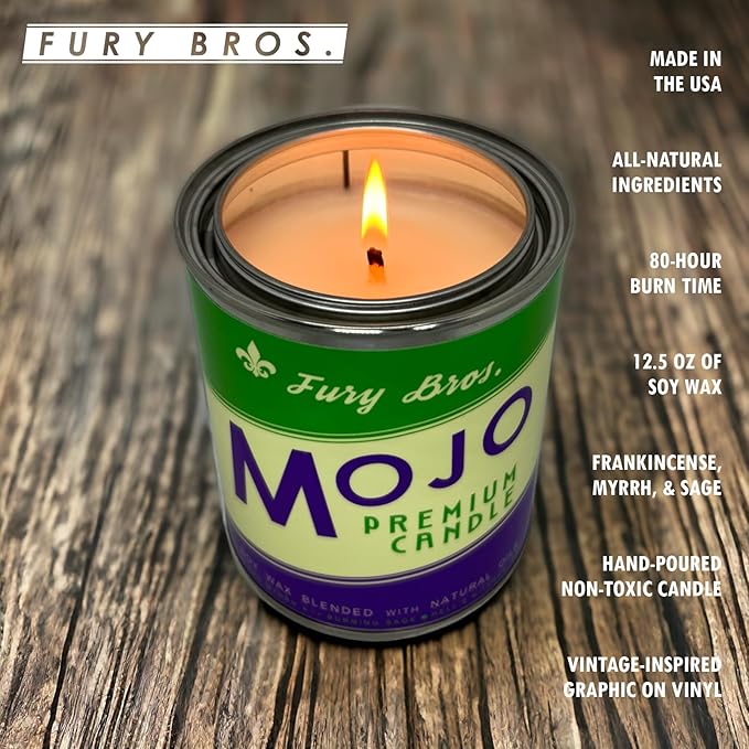 Fury Bros. Scented Candles for Men | Mojo | Frankincense Myrrh Burning Sage | Natural Soy Wax | Hand-Poured in The USA | Long 70-80 Hour Burn (12.5 oz) | Vintage-Inspired Tin Design | Dad Home Gift - Bloomnest