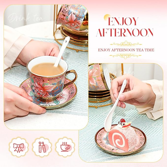 20 Pcs Porcelain Tea Set for Adults with Metal Holder and Spoon European Ceramic Tea Party Set Flower Painting Teapot Cup Saucer for Christmas Women Gifts, Serving 6 People(Fresh) - Bloomnest