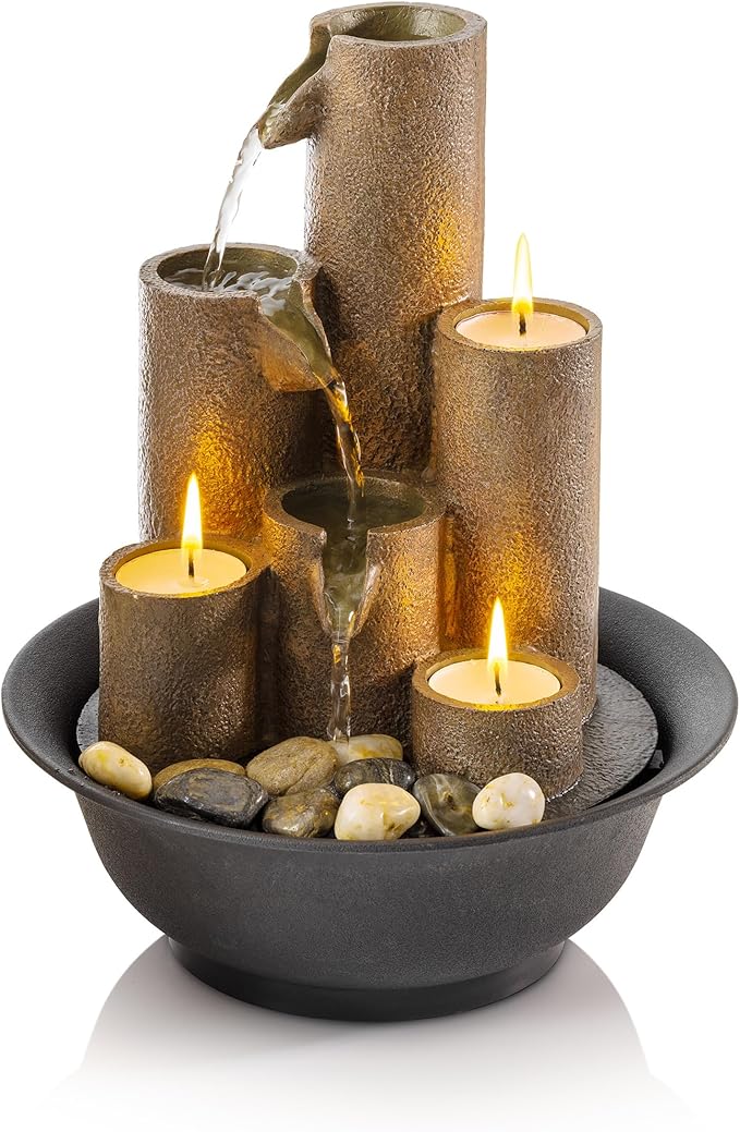 Alpine Corporation WCT202 Indoor Tabletop Tiered Water Fountain Featuring 3 Candles for Desktop and Table, 11", Brown - Bloomnest