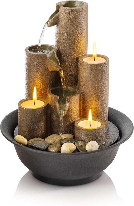 Alpine Corporation WCT202 Indoor Tabletop Tiered Water Fountain Featuring 3 Candles for Desktop and Table, 11", Brown - Bloomnest