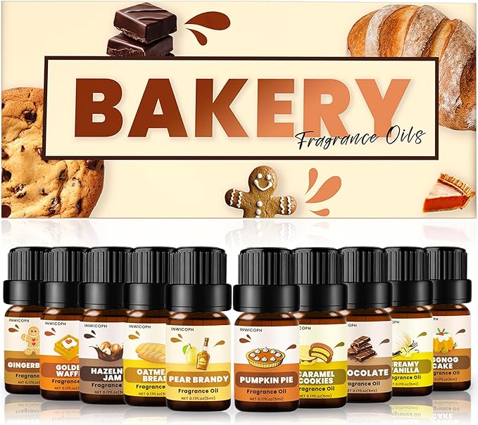 Bakery Essential Oils Set (10 × 5ml), INWICOPH Fragrance Oil for Soap & Candle Making - Pumpkin Pie, Golden Waffle, Hazelnut, Eggnog Cake Aromatherapy Scented Oils - Bloomnest