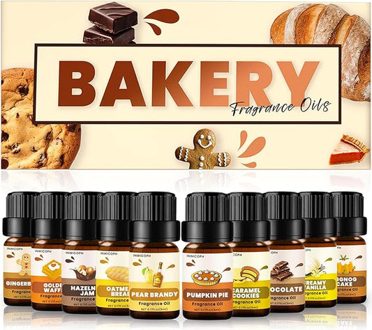 Bakery Essential Oils Set (10 × 5ml), INWICOPH Fragrance Oil for Soap & Candle Making - Pumpkin Pie, Golden Waffle, Hazelnut, Eggnog Cake Aromatherapy Scented Oils - Bloomnest