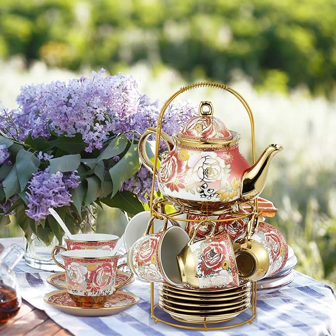 Zhehao 20 Pcs Porcelain Tea Set with Metal Holder and Spoon Adult Ceramic Tea Set European Flower Painting Teapot Cup Saucer Spoon for Women, Large Version(Noble Style) - Bloomnest
