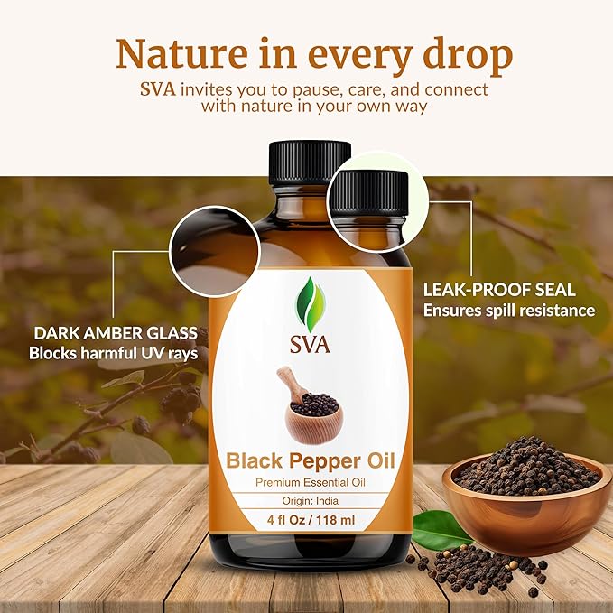 SVA Black Pepper Essential Oil – 4 Fl Oz – 100% Natural Black Pepper Oil - for Diffuser, Hair Care, Face, Skin Care, Aromatherapy, Scalp and Body Massage, Soap and Candle Making – with Dropper - Bloomnest