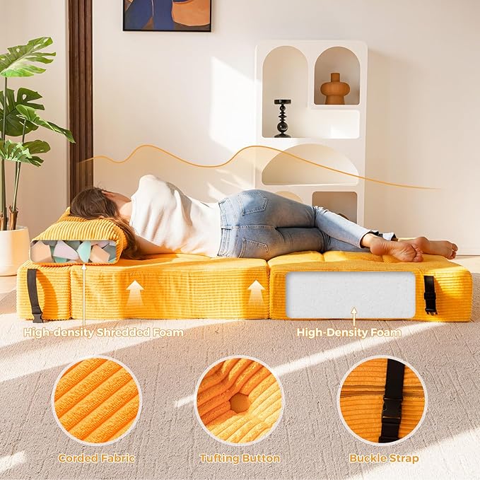 MAXYOYO Folding Sofa Bed, Convertible Sofa Bed with High-Density Support Foam, Portable 4 in 1 Fold Out Chair to Floor Lounger, Versatile Floor Couch for Living Room Bedroom, Orange - Bloomnest