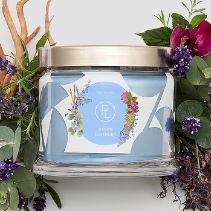 PartyLite Ocean Lavender Scented, Notes of Vanilla Sea Salt, Driftwood, Sea Moss, Patchouli & Eucalyptus, 13.2oz 3-Wick Jar Candle, 45 Hour Burn Time, Luxurious Fragrance, Ideal for Gifting - Bloomnest