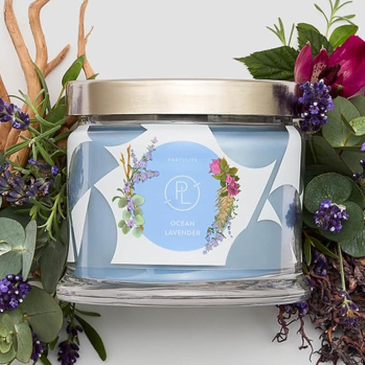 PartyLite Ocean Lavender Scented, Notes of Vanilla Sea Salt, Driftwood, Sea Moss, Patchouli & Eucalyptus, 13.2oz 3-Wick Jar Candle, 45 Hour Burn Time, Luxurious Fragrance, Ideal for Gifting - Bloomnest