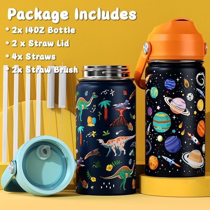 14oz Kids Insulated Water Bottle with Straw Lid - 18/8 Stainless Steel Kid Cup Travel Tumbler Double Wall Vacuum Leak Proof Portable Toddler Water Bottle (Space + Dinosaur) - Bloomnest