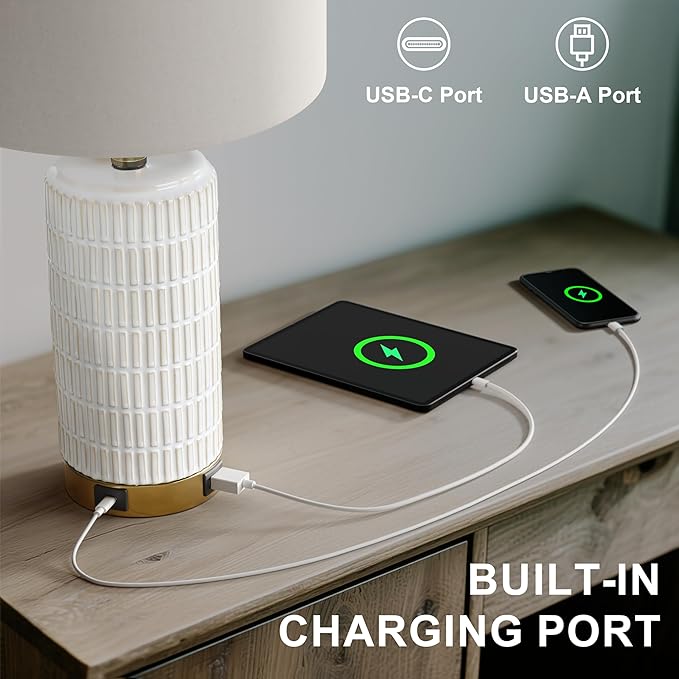 PoKat Small Bedside Table Lamps with USB Ports for Bedroom, 21.5'' White Nightstand Lamps for Night Stands, Modern Ceramic Bedroom Lamps for Living Room End Table, White and Beige - Bloomnest