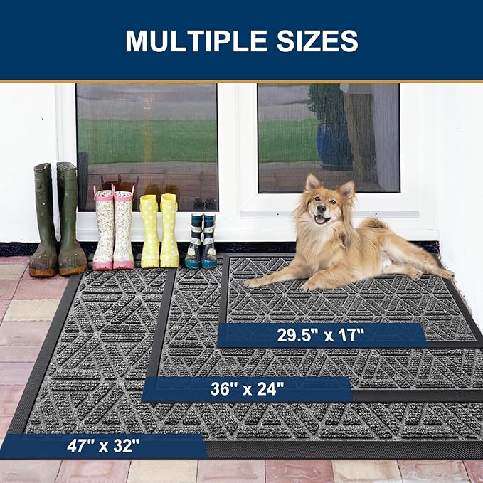 Smiry Front Door Mat Outside Entrance, Heavy Duty Sturdy Natural Rubber Doormat, Trap Dirt and Moisture, Easy Clean Low Profile Mats for Indoor Outdoor Entry, Grid Geometric (29.5x17, Silver Grey) - Bloomnest