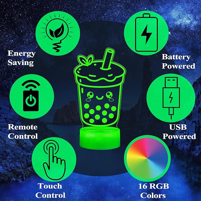 Boba Tea Night Light, Boba Lamp, 3D Illusion Lamp with Remote Control, 16 Color Changing, Timer, RGB Flashing Mode, Dimmable - Boba Gifts for Women & Girls - Bloomnest