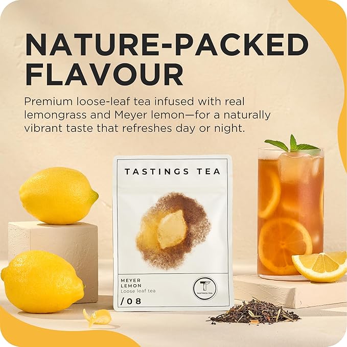 Tastings Tea Meyer Lemon Loose Leaf, 2 oz | Unsweetened Black Citrus Blend & Fruit Infusion with Lemongrass & Peel | Hot or Iced Cold Brew | Small Batch & Sustainably Sourced | Resealable Pouch - Bloomnest