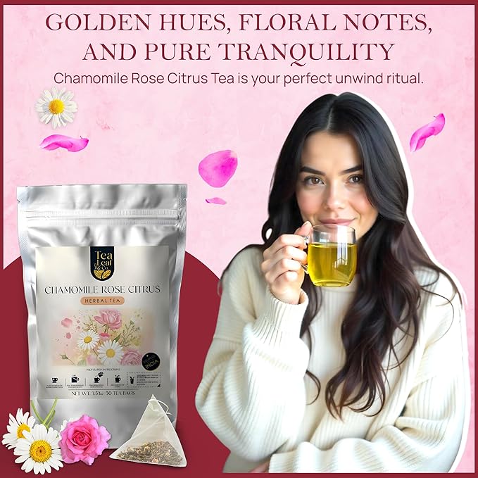 Tealeaf & Co. Chamomile Rose Citrus Herbal Tea Bags - Organic Chamomile Tea Bags with Rose Petals, Orange Peel, Lemon Grass, Hibiscus & Mint Leaves - Low Caffeine - Gluten Free - 50 Teabags - Bloomnest