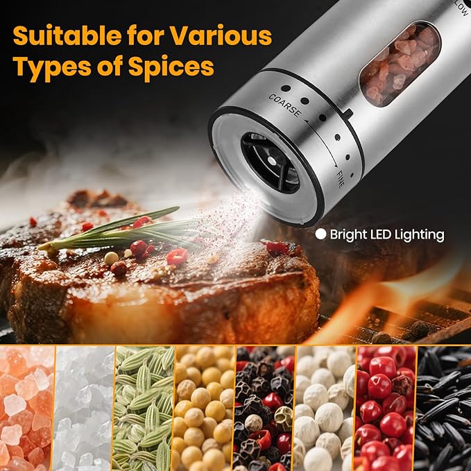 Electric Salt Grinder Set with Rechargeable Base Stainless Steel Grinders with Variable Grinding Speed, External Adjustable Coarseness and White LED Light, Silver - Bloomnest