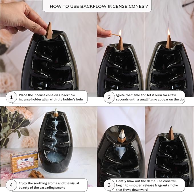 Sandalwood Backflow Incense Cones for Waterfall Aromatic Smoke Fountain Haze Falls and Mat Bundle - Pack of 12 TRUMIRI