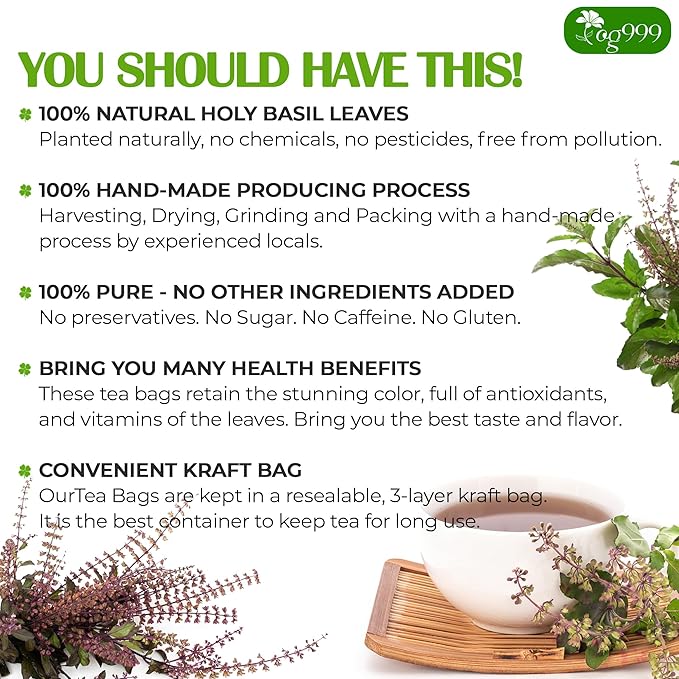 TOG999, Premium 120 Holy Basil Leaf Tea Bags, 100% Natural & Pure Holy Basil Leaves. Loose Leaf Holy Basil Herbal Tea. Holy Basil Leaf Tea. No Sugar, No Caffeine, No Gluten, Vegan. - Bloomnest
