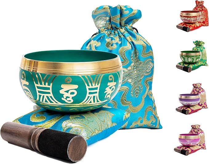 Tibetan Singing Bowl Set - Authentic Handcrafted Mindfulness Meditation Holistic Sound 7 Chakra Healing by Himalayan Bazaar (Turquoise) - Bloomnest