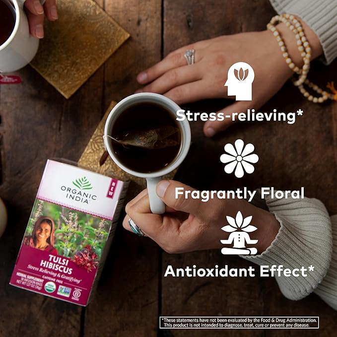 Organic India Tulsi Hibiscus Tea Bags - Holy Basil Herbal Tea, Stress Relieving, Immune Support, USDA Organic, Calming, Caffeine Free- 18 Bags, 6 Pack - Bloomnest