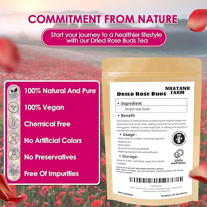 Nhat Anh Farm - Premium Dried Rose Buds - 3.5oz (100g) Dried Rose Buds Natural & Pure, Sugar/Caffeine/Gluten Free - For Making Tea - Bloomnest