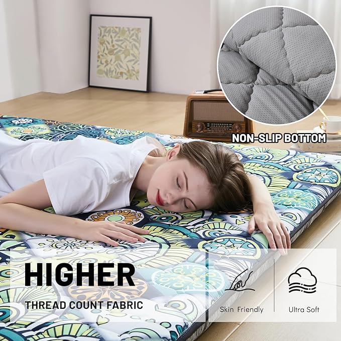 Japanese Floor Mattress Twin, Anti-Slip Japanese Futon Foldable Tatami Mat for Guests, Boho Green Checkered - Bloomnest