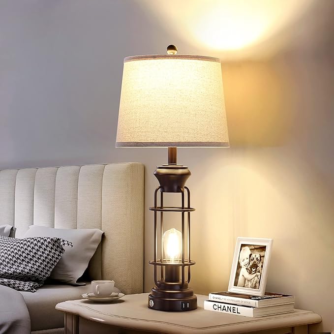 28.5" Farmhouse Lamps for Bedrooms Set of 2, Tall Table Lamps for Living Room with Dual USB Charging Port, Oil Rubbed Bronze Table Lamp with White Oatmeal Shade, Bulbs Included - Bloomnest