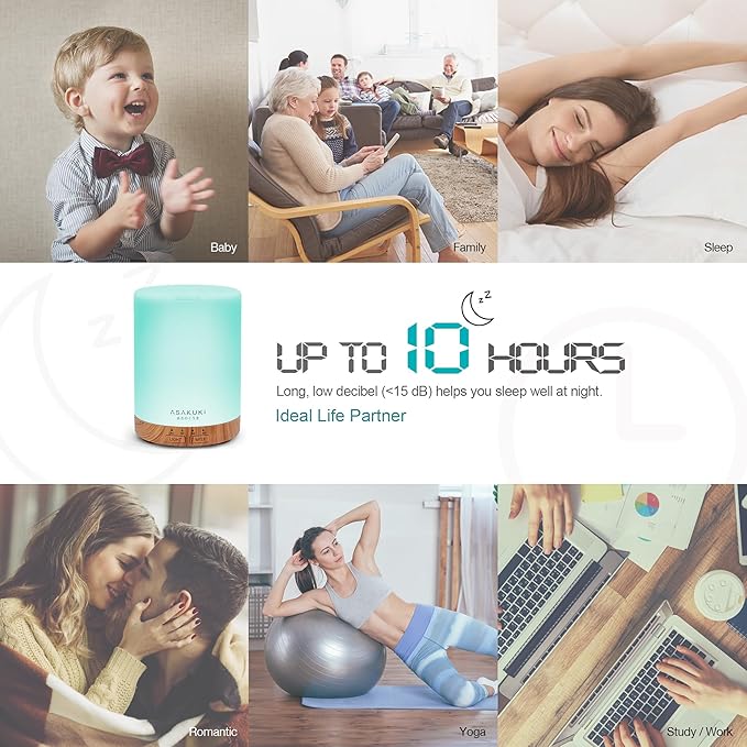 ASAKUKI 300ML Essential Oil Diffuser, Quiet 5-in-1 Premium Humidifier, Home Fragrance Aroma Diffuser with 7 LED Color Changing Light and Auto-Off Switch -Light Brown - Bloomnest