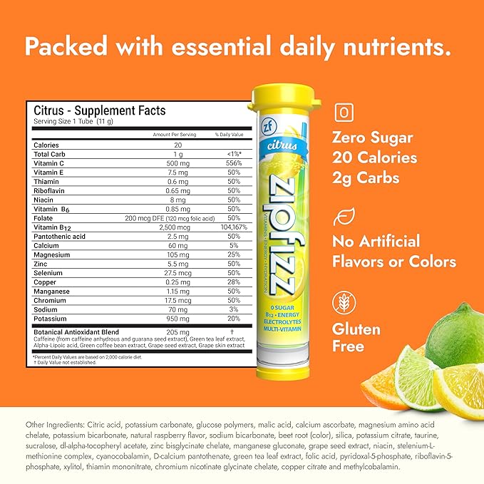 Zipfizz Daily Energy Drink Powder, Citrus, 20 Pack, 3-in-1 Sustained Energy, Rapid Hydration, and Essential Vitamins, Sugar-Free, Electrolyte Powder, Contains Vitamin B-12 & Antioxidants - Bloomnest