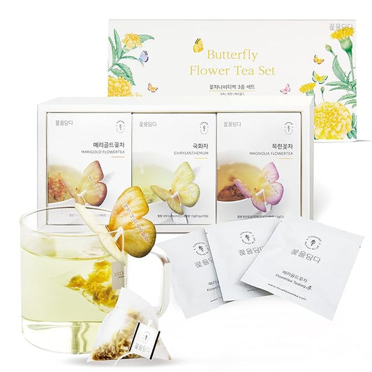 KKOKDAM Fancy Korean Tea Set Sampler – 3 Flavor Yellow Teas, Variety Pack with Butterfly Bags – Perfect and Elegant Korean Gift Box for Women- Perfect as Unique Tea Gifts or Gift Set for Women - Bloomnest