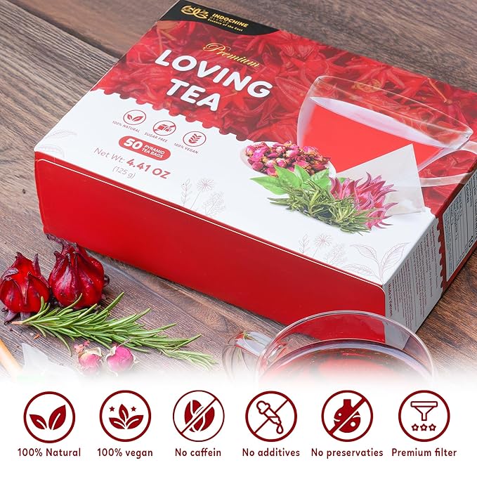 Indochine Blends Loving Tea | Hibiscus Tea Bags | Hibiscus & Organic Rosemary, Black Tea, Rose | Sugar-Free, Caffeine-Free Herbal Tea for Relaxation | 4.4 oz | 50 Corn-Fiber Pyramid Bags - Bloomnest