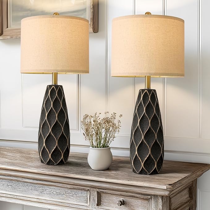PORTRES 27.5" Ceramic Table Lamps for Bedroom Living Room Lamps Set of 2 Modern Bedside Nightstand Lamp Farmhouse Vintage Rustic Boho Retro Large Table Lamps Light Home Office Desk Deco Gifts, Black - Bloomnest