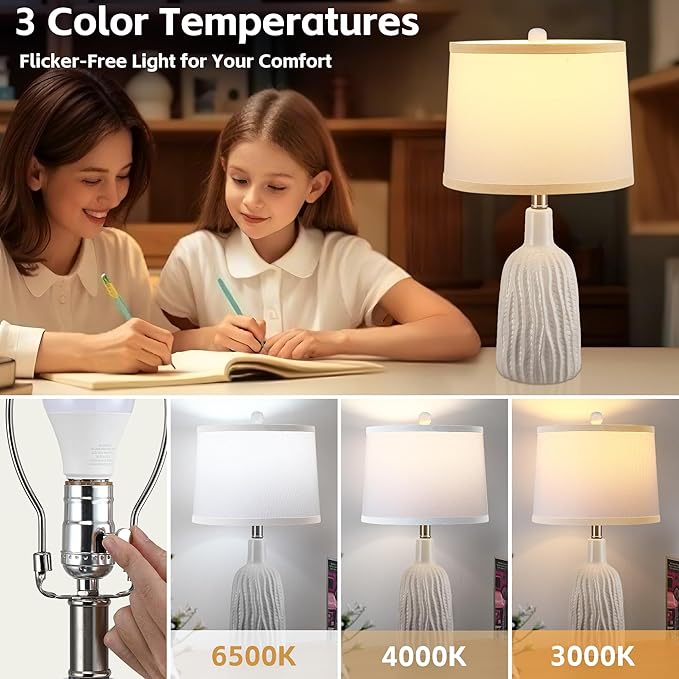 GRUENLICH Ceramic Table Lamp Set of 2 for Nightstand, 22.5" Modern White Bedside Lamp with 3 Adjustable Color Temperature, Bedroom Light for Living Room Desk End Table Office (2 LED Bulbs Included) - Bloomnest
