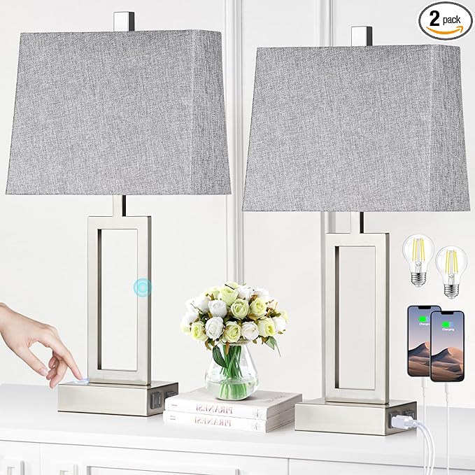 Touch Control Table Lamps Set of 2, Modern Silver Bedside Lamps with USB A+C Ports & AC Outlet, 3 Way Dimmable Contemporary Nightstand Lamps for Bedroom Living Room(LED Bulb Included) - Bloomnest