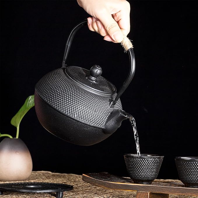 YJX 40.6oz Cast Iron Teapot Set with Warmer, Japanese Tea Set for Stovetop, 1200ml Black Tea Pot and Tea Cups Set, Tea Kettle with Infuser for Loose Leaves, Enameled Asian Teapot Sets for Adults - Bloomnest