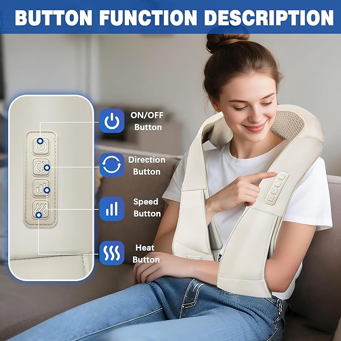 Joyset Shiatsu Neck and Back Massager with Heat,Electric Shoulder Massager for Pain Relief Deep Tissue,3D Kneading Massage with Cloth Cover Easy to Clean (Khaki) - Bloomnest