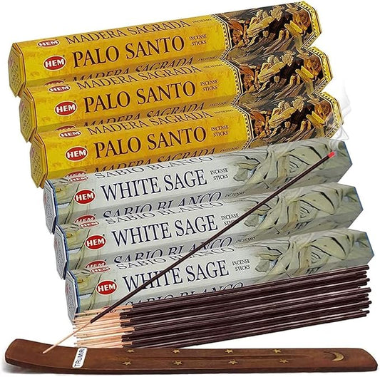 White Sage Incense Sticks and Hem De Palo Santo Incense Sticks with Incense Holder Bundle for Smudging Smudge kit Natural Inciensos Aromaticos Home Fragrance