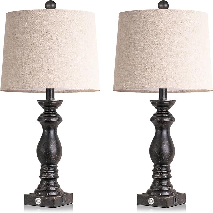 24.5" Table Lamp Set of 2, Rustic Farmhouse Bedside Lamps with USB A+C Charging Ports, 3-Way Dimmable Touch Control Nightstand Lamps for Living Room Bedroom, Antique Black, LED Bulbs Included - Bloomnest