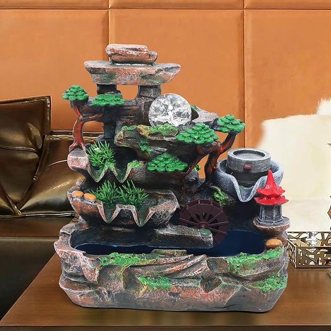 Indoor Water Fountain Desktop Waterfall Bonsai Tabletop Fountains with Color LED Light Atomizing Humidifier with Rockery Stream Plants for Home Office Bedroom (D) - Bloomnest