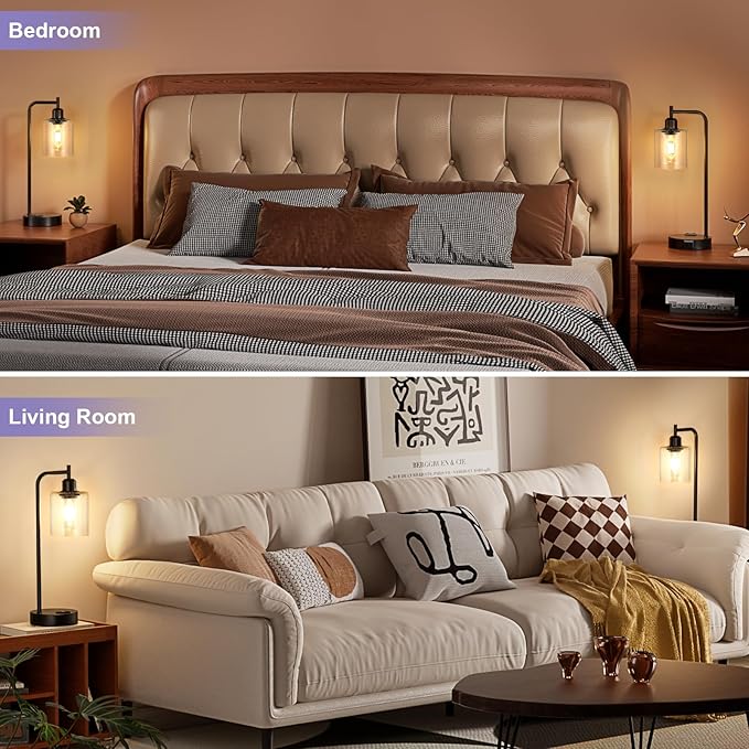Industrial Touch Table Lamps for Bedrooms Set of 2 - 3-Way Dimmable Lamps with USB C+A Ports and Outlet, Black Bedside Lamps with Seeded Clear Glass Shade for Living Room, Desk Lamps for Home Office - Bloomnest